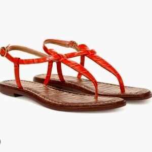 EUC Sam Edelman Gigi Orange Coral Croc Embossed Thong Sandal Flats Size 8